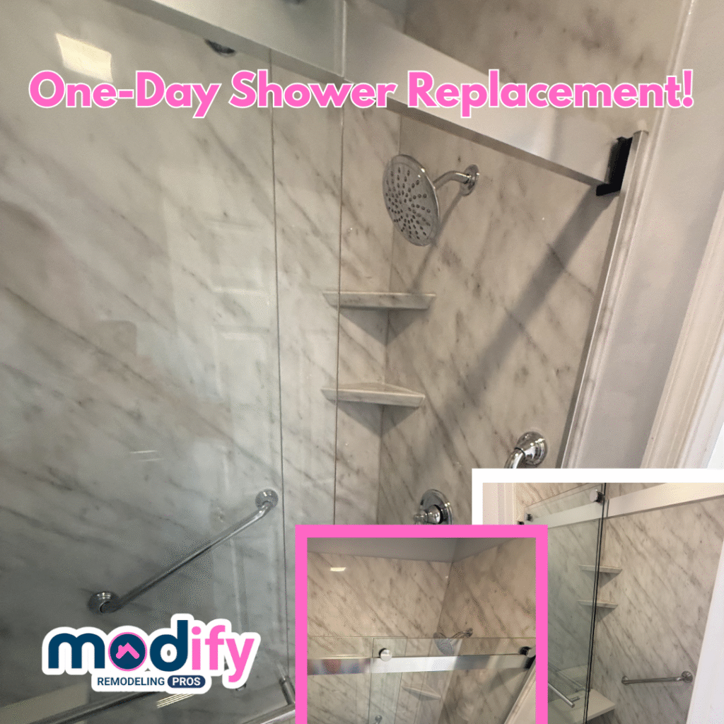 Frameless glass shower door installed during tub-to-shower conversion in New Castle County Delaware