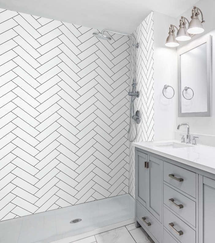 one day bath in white with black grout herringbone 
