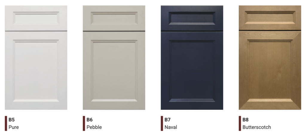 Transitional kitchen cabinet color options- pure, pebble, naval, and butterscotch 