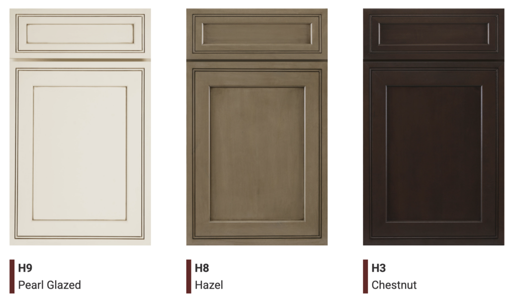 Transitional kitchen cabinet color options- pearl glazed, hazel, and chestnut 
