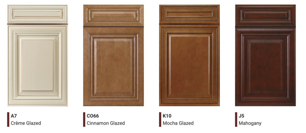 Traditional kitchen cabinet color options creme glazed, cinamon glazed, mocha glazed, and mahogany 